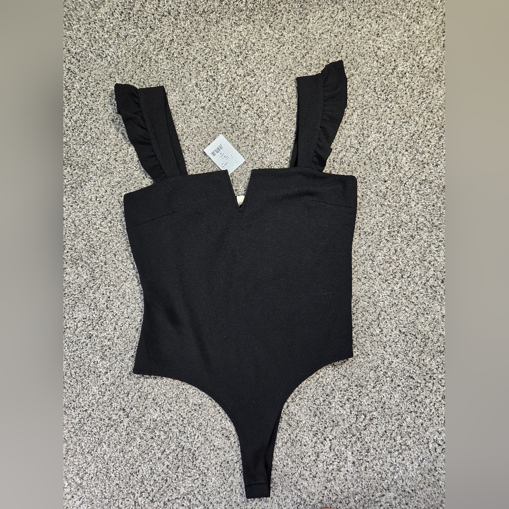 Moa Moa Classic Black Womens Bodysuit with Ruffle Straps Size L NWT